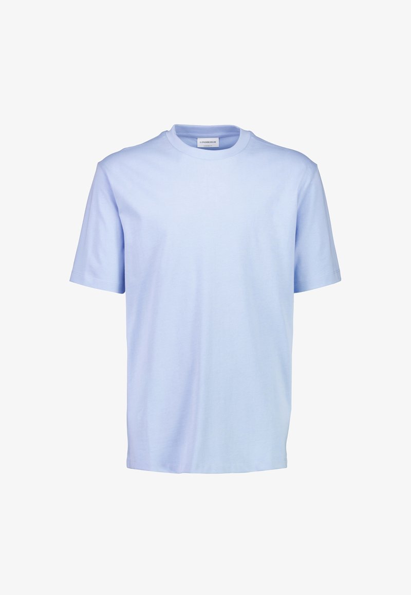 Jasnoniebieska bawełniana koszulka z okrągłym dekoltem i krótkimi rękawami. Prosty design, gładka faktura, bez widocznych wzorów ani akcentów.