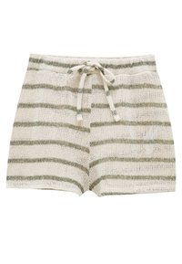 Szorty z mieszanki lnu z elastycznym paskiem, charakteryzujące się dzianinową fakturą oraz naprzemiennymi poziomymi paskami w zielonym i białym kolorze.