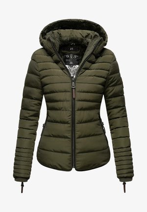 Olive green puffer jacket with a hood, zip front, and elastic cuffs; features quilted texture and two side pockets. Lined with faux fur.