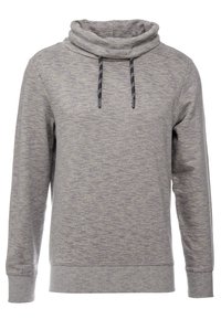 Grå sweatshirt med lange ærmer, høj funnel neck og sorte snore, ribbede manchetter og kant, lavet af meleret stof.
