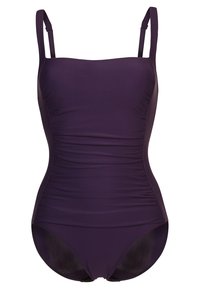 Maillot de bain une pièce violet avec des bretelles ajustables, des détails froncés sur le devant et une texture lisse. Couverture complète à l'arrière.