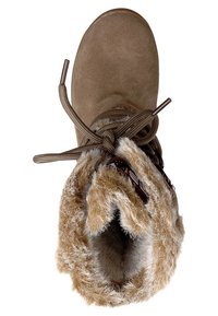 Botte d'hiver marron avec doublure en fourrure épaisse et lacets marron noués en nœud, vue de dessus sur fond blanc.