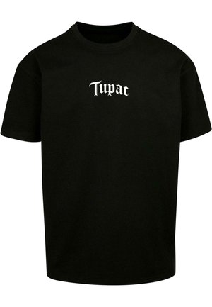 Schwarzes Baumwoll-T-Shirt mit weißem "Tupac"-Text in einer stilisierten Schriftart. Kurze Ärmel und ein runder Ausschnitt mit lockerem Schnitt.