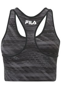 Schwarzer und grauer Sport-BH mit einem strukturierten, abstrahierten Muster. Verfügt über ein Racerback-Design und ein weißes FILA-Logo auf der Vorderseite.