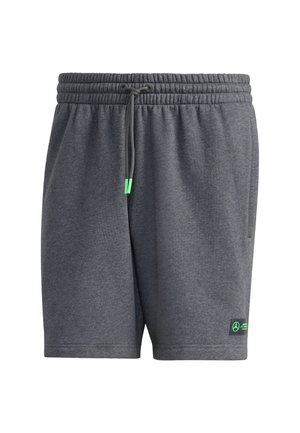 Pantalones cortos deportivos grises hechos de una tela suave, con una cinturilla elástica y cordón, parche con logo en el lado y bolsillos laterales.