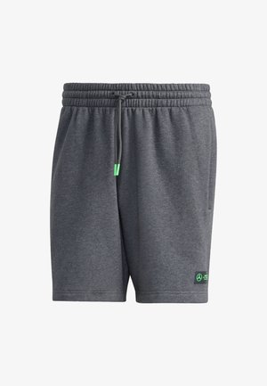 Harmaat urheilushortsit, jotka on valmistettu pehmeästä kankaasta. Shortseissa on joustava vyötärö, jossa on kiristysnauha, logopatch kyljessä ja sivutaskut.