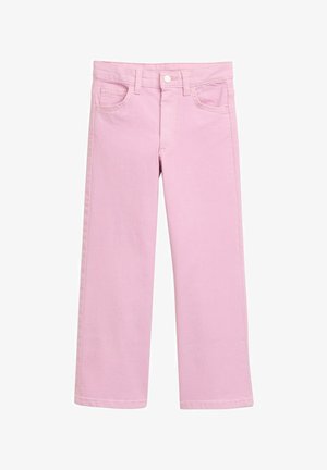 Jeans en denim rose clair avec une coupe droite, design classique à cinq poches et fermeture à bouton à l'avant. Texture lisse et finition propre.
