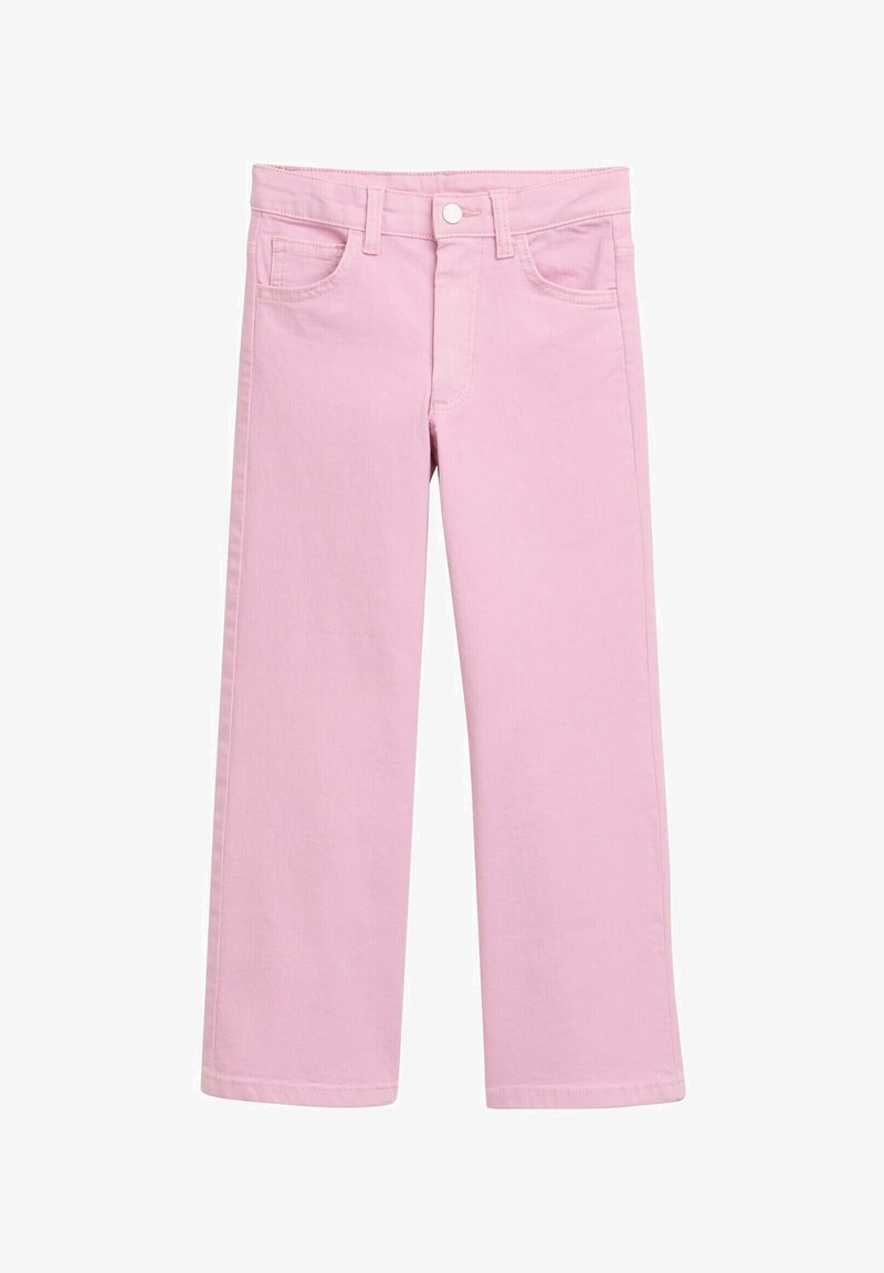 Svetlo roza denim hlače s ravnim krojem, klasičnim petimi žepi in sprednjim gumbom. Gladka tekstura in čist zaključek.