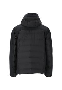 Sort pufferjakke med hætte, der har en quiltet tekstur, isoleret design og glat stof. Bagfra ses minimal detaljering.