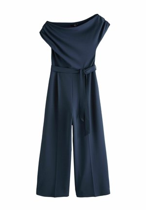 Marineblauer ärmelloser Jumpsuit mit weitem Bein, Boot-Ausschnitt, gerafften Schultern und einem passenden Stoffgürtel, der in der Taille gebunden ist.