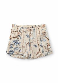 Crèmekleurige shorts met een bloempatroon in blauw en bruin. Voorzien van een elastische tailleband en een trekkoord, met zijzakken voor extra gemak.
