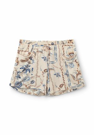 Crèmekleurige shorts met een bloempatroon in blauw en bruin. Voorzien van een elastische tailleband en een trekkoord, met zijzakken voor extra gemak.