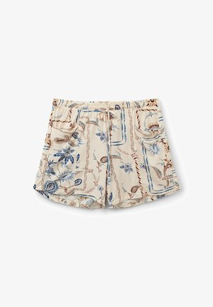 Krämfärgade shorts med ett blommönster i blått och brunt. Har resårmidja och dragsnöre, samt sidofickor för bekvämlighet.