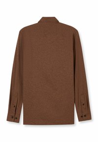 Braunes Hemd mit langen Ärmeln und einem Kragen, ausgestattet mit geknöpften Manschetten und strukturiertem Stoff. Die Rückansicht zeigt ein nahtloses Design.