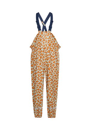 Dětské nepromokavé kalhoty s oranžovým leopardím vzorem, elastickými kotníky a nastavitelné tmavě modré křížové popruhy.