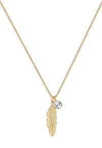 Goldfarbenes Halskettchen mit einem Federanhänger und einem kleinen klaren Kristall. Die Kette ist zart und hat ein strukturiertes Gliederdesign.