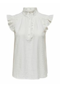 Blusa blanca sin mangas con hombros acampanados, cuello alzado y una tapeta de botones que presenta una tela texturizada con rayas verticales.