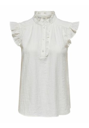 Blouse sans manches blanche avec des épaules à volants, col montant et une patte de boutonnage, fabriquée dans un tissu texturé avec des rayures verticales.
