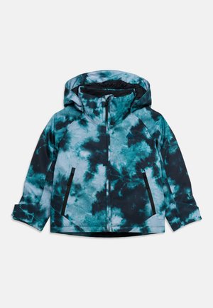 Veste à capuche pour enfants avec motif tie-dye turquoise et noir, fermeture éclair intégrale à l'avant et deux poches verticales zippées.