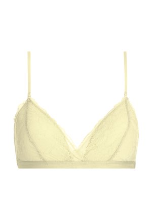 Kanten bralette in lichtgeel met driehoekige cups, verstelbare bandjes en een zachte band. Kenmerkt zich door delicate bloempatronen en een textuurstof.