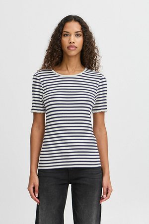 Navy and white striped ribbed shirt with short sleeves, round neck, and frilled edges. Made from a soft, textured fabric.