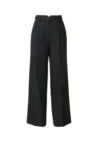 Zwarte wijde broek gemaakt van een textuurstof, met een tailleband en plooien. Het materiaal heeft subtiele vlekken van kleur door het geheel.