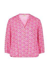 Rosa Bluse mit geometrischem Muster und weißen Akzenten, kragenlosem Design, Dreiviertelärmeln und durchgehender Knopfleiste.
