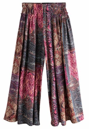 Wide-leg pants made of lightweight fabric featuring a paisley pattern in shades of pink, blue, and gold. Smocked waistband for flexibility.