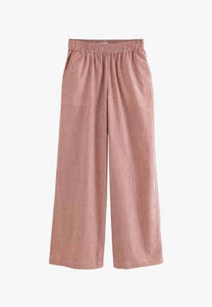 Kalhoty s širokými nohavicemi z lehké látky s červeno-bílým károvaným vzorem. Mají elastický pas pro pohodlí.