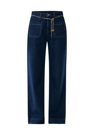 Donkerblauwe denim broek met een rechte snit, voorzien van een gouden ketting als accentriem en een traditionele vijf-pocket ontwerp.