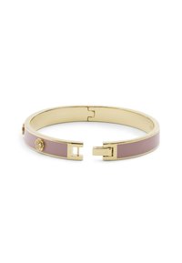 Gold-tone bangle bracelet with a pink enamel inlay and decorative flower accents featuring a central stone. Features a hinge and clasp closure.