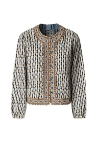 Blouse met lange mouwen met een blauw, bruin en wit verticaal gestippeld patroon en decoratieve bruine bloemversiering langs de kraag, voorkant en zoom.
