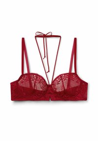 Czerwony balkonowy biustonosz z koronką, z fiszbinami i cienkimi, regulowanymi ramiączkami, z dekoracyjnym wiązaniem z tyłu przy dekolcie.