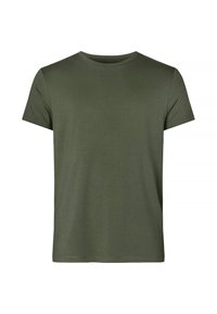 Oliven grøn bomulds t-shirt med rund hals og korte ærmer. Glat tekstur, ingen mønstre eller accenter. Klassisk pasform og enkel design.