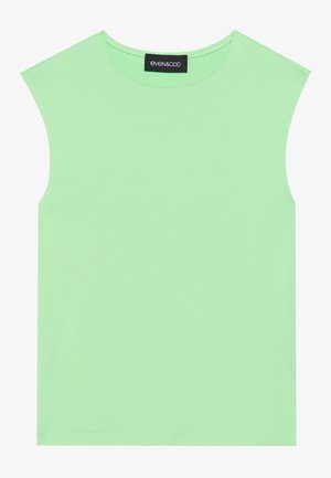 Vihreä sansihihainen toppi, joka on valmistettu pehmeästä ja joustavasta kankaasta. Topissa on pyöreä pääntie ja siisti ommel. Minimalistinen muotoilu ilman kuvioita.