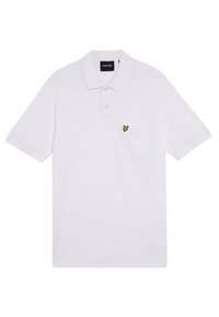 Hvid polo shirt lavet af bomuld med krave, to knapper og en brystlomme med et lille gult sommerfuglelogo.
