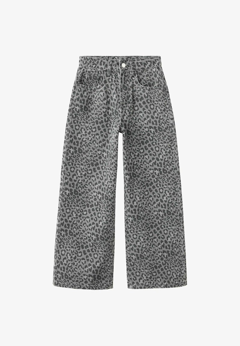 Jean à jambes larges avec motif léopard gris et noir, poches avant, bouton et passants de ceinture.