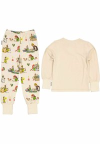 Bomullspyjamasset med krämfärgad långärmad topp och byxor med färgglada illustrationer av figurer och objekt på en ljus bakgrund.