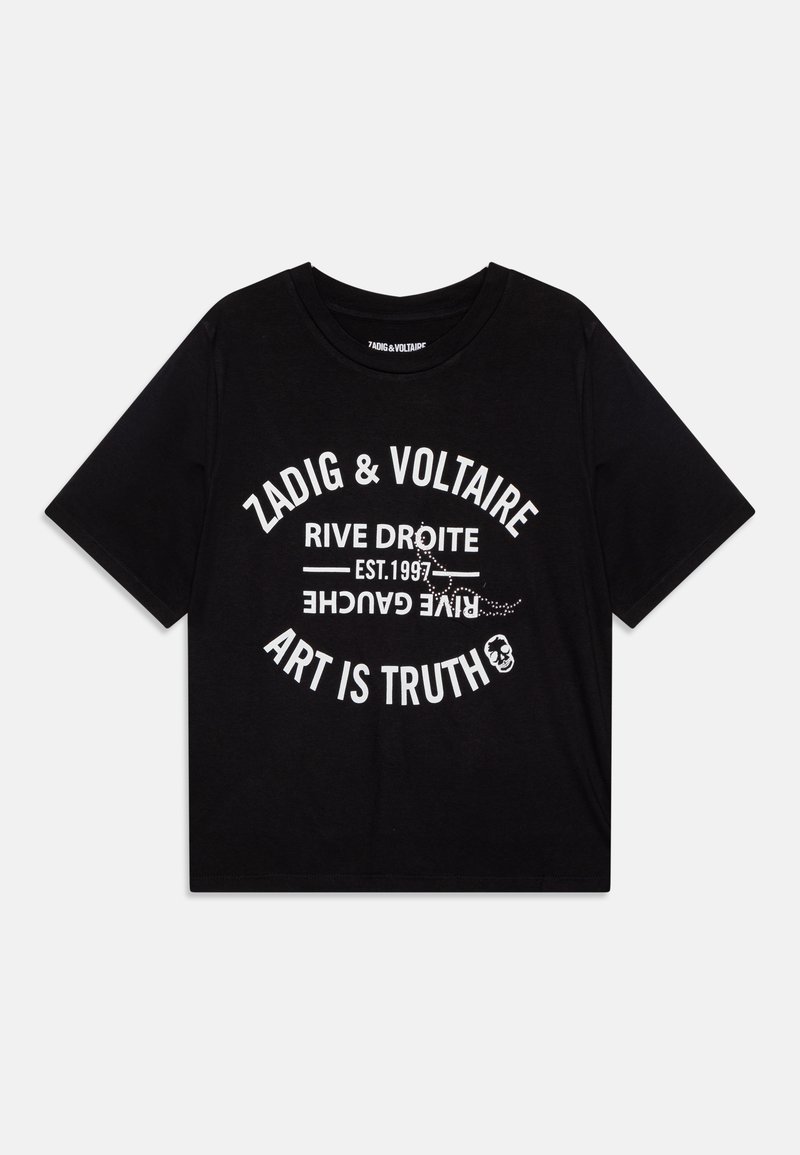 Černé tričko, krátké rukávy, volný střih. Obsahuje bílé nápisy: "ZADIG & VOLTAIRE," "RIVE DROITE" a "ART IS TRUTH." Klasický kulatý výstřih.
