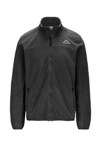 Giacca in pile grigia con colletto alto, zip frontale e tasche laterali. Presenta un piccolo logo bianco sulla parte superiore del petto sinistro.