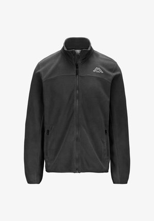 Giacca in pile grigia con colletto alto, zip frontale e tasche laterali. Presenta un piccolo logo bianco sulla parte superiore del petto sinistro.