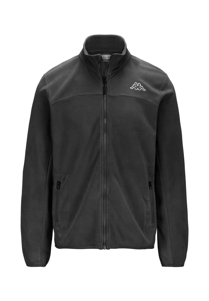 Giacca in pile grigia con colletto alto, zip frontale e tasche laterali. Presenta un piccolo logo bianco sulla parte superiore del petto sinistro.