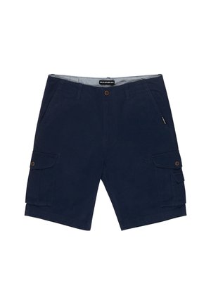 Námořnické modré cargo šortky vyrobené z bavlny, obsahující dvě postranní kapsy, dvě cargo kapsy s klopnami a zapínání na knoflík v pase.
