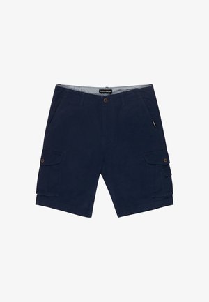 Námornícky modré cargo šortky vyrobené z bavlny, s dvoma bočnými vreckami, dvoma cargo vreckami so klopami a gombíkovým zapínaním v páse.