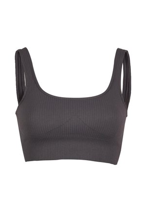Bra grigio a costine con spalline larghe e scollatura a bassa, caratterizzato da un design senza cuciture e tessuto testurizzato per comfort e supporto.