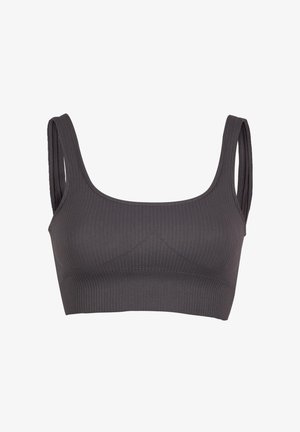 Grå, ribbestrikket bh med brede stropper og rund hals, med sømløst design og teksturert stoff for komfort og støtte.