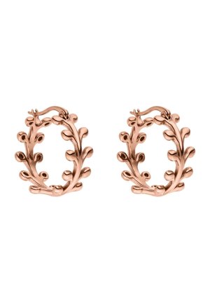 Paar roségoldene Creolen mit strukturiertem Zweig- und Blattdesign, versehen mit kleinen abgerundeten Knospen entlang der Ringe.