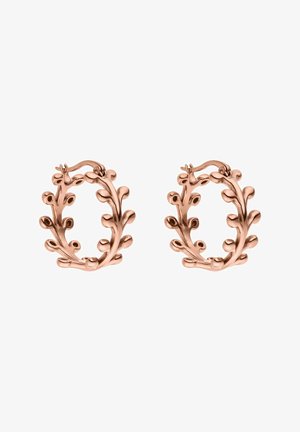 Paar roségoldene Creolen mit strukturiertem Zweig- und Blattdesign, versehen mit kleinen abgerundeten Knospen entlang der Ringe.