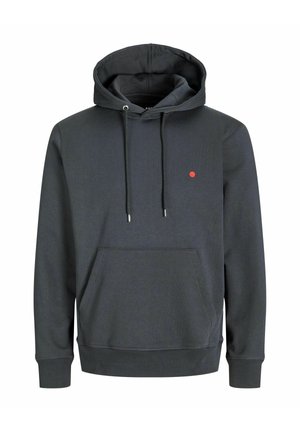 Temno siva kapuca iz bombažne mešanice, z žepom za kenguru, rdečo poudarjeno piko na prsih in nastavljivimi vrvicami na kapuci.