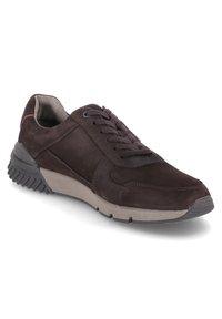 Brown suede sneaker with a rounded toe, lace-up front, and cushioned sole. Features a gray rubber midsole and textured outsole for traction.